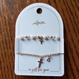 Lovisa Gold and White Cross Charm Bracelet Set